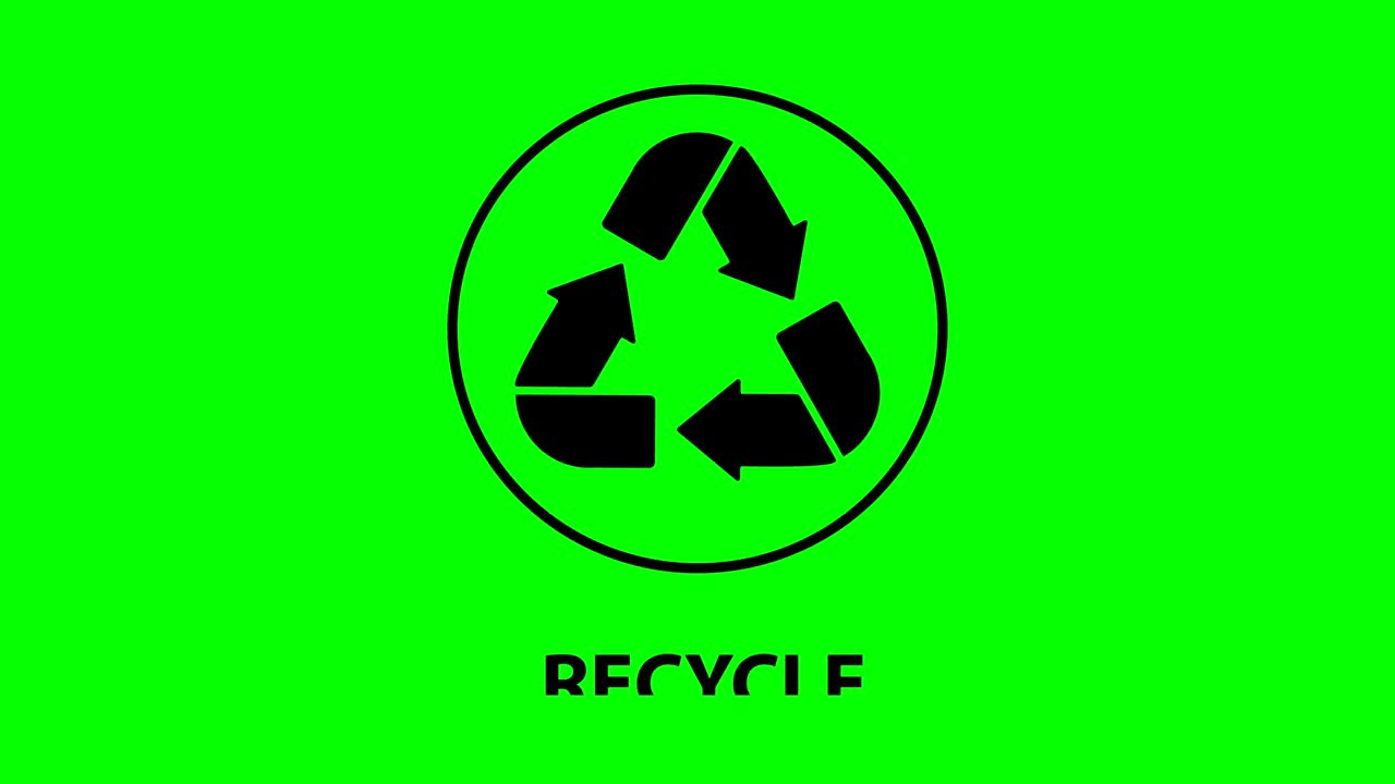 animación del icono de reciclaje. flechas negras en una pantalla verde. reciclaje de texto.