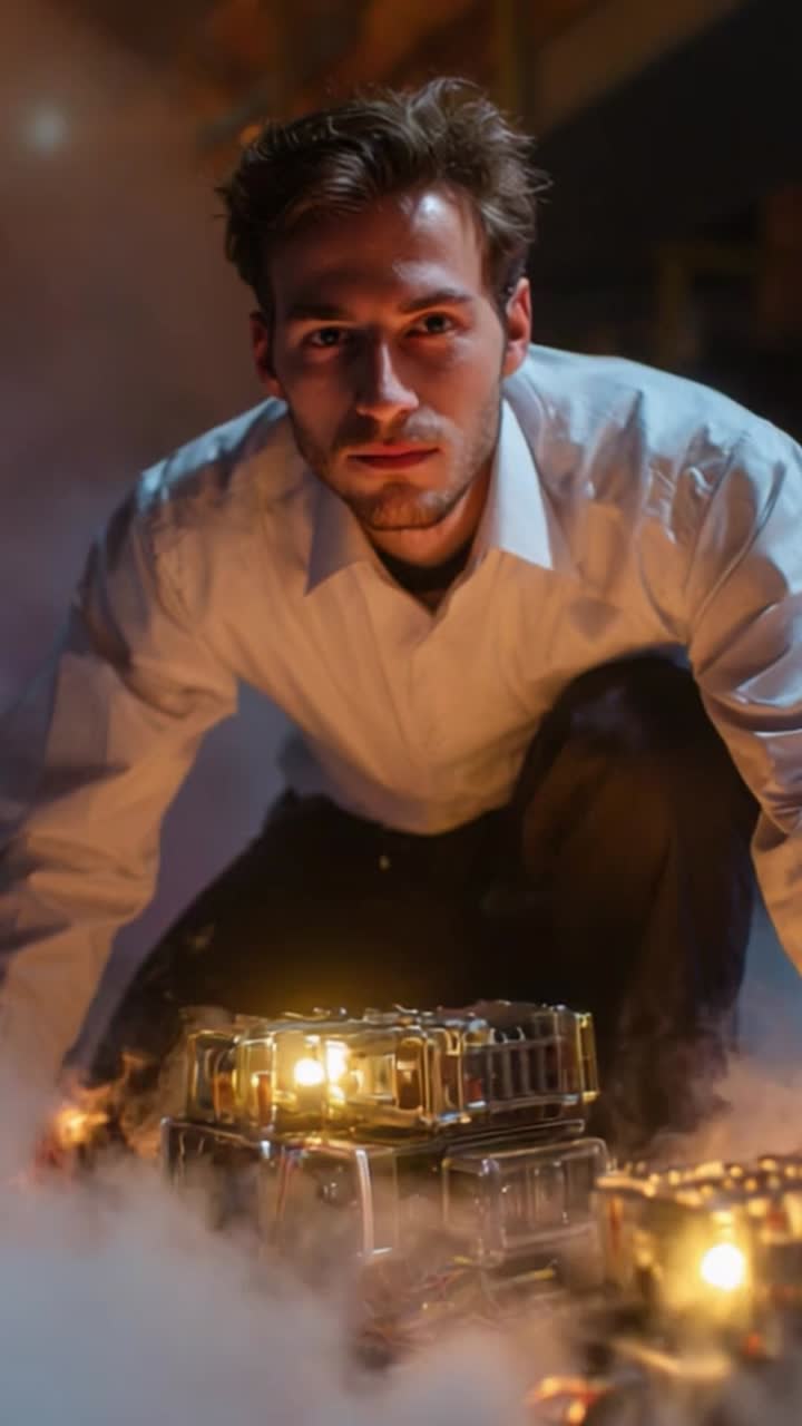 A focused man in a white shirt, surrounded by glowing devices and vapor, engaged in an intriguing technological setup, exemplifies innovation and curiosity