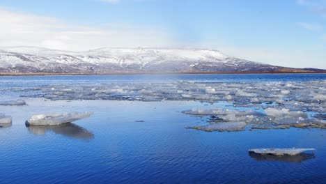 cool fresh air and floating ice by clear blue lake in iceland - wide shot