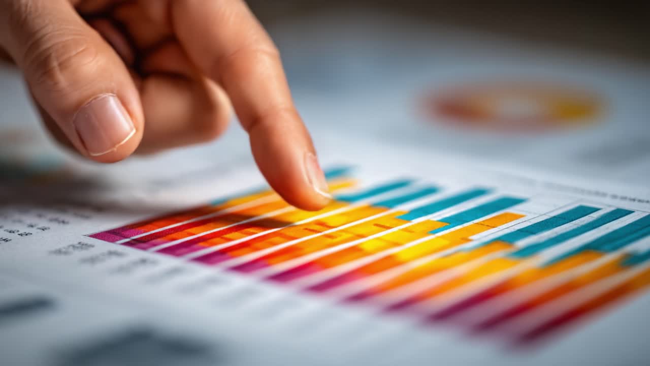 Tietotrendien analysointi: Lähikuva sormesta värikkäiden pylväsdiagrammien kanssa tilastotietojen tehokkaaseen tulkintaan.
