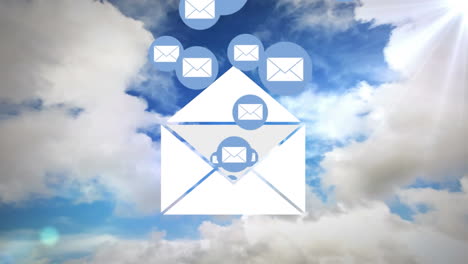 message icon floating against shining sun and clouds in the blue sky