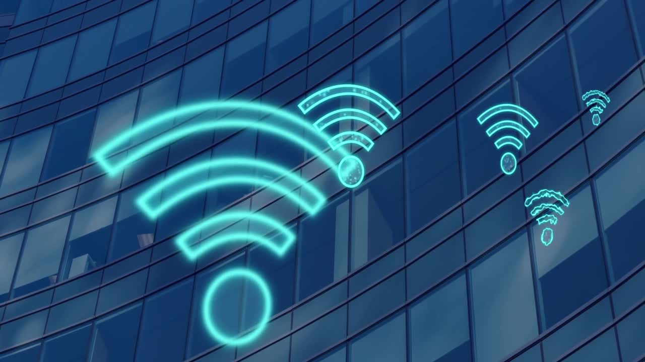 animación de iconos wifi digitales que vuelan sobre un edificio moderno