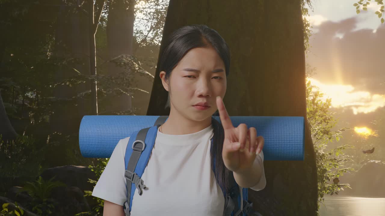 여자가 산책하고, 가리키고, 거부하고