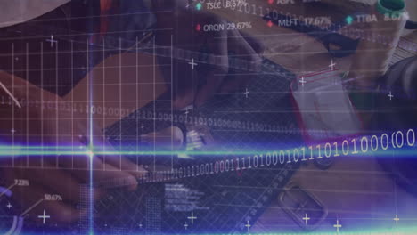 engineer hands assembling breadboard on desk, tech graphics streaming binary code and stock ticker