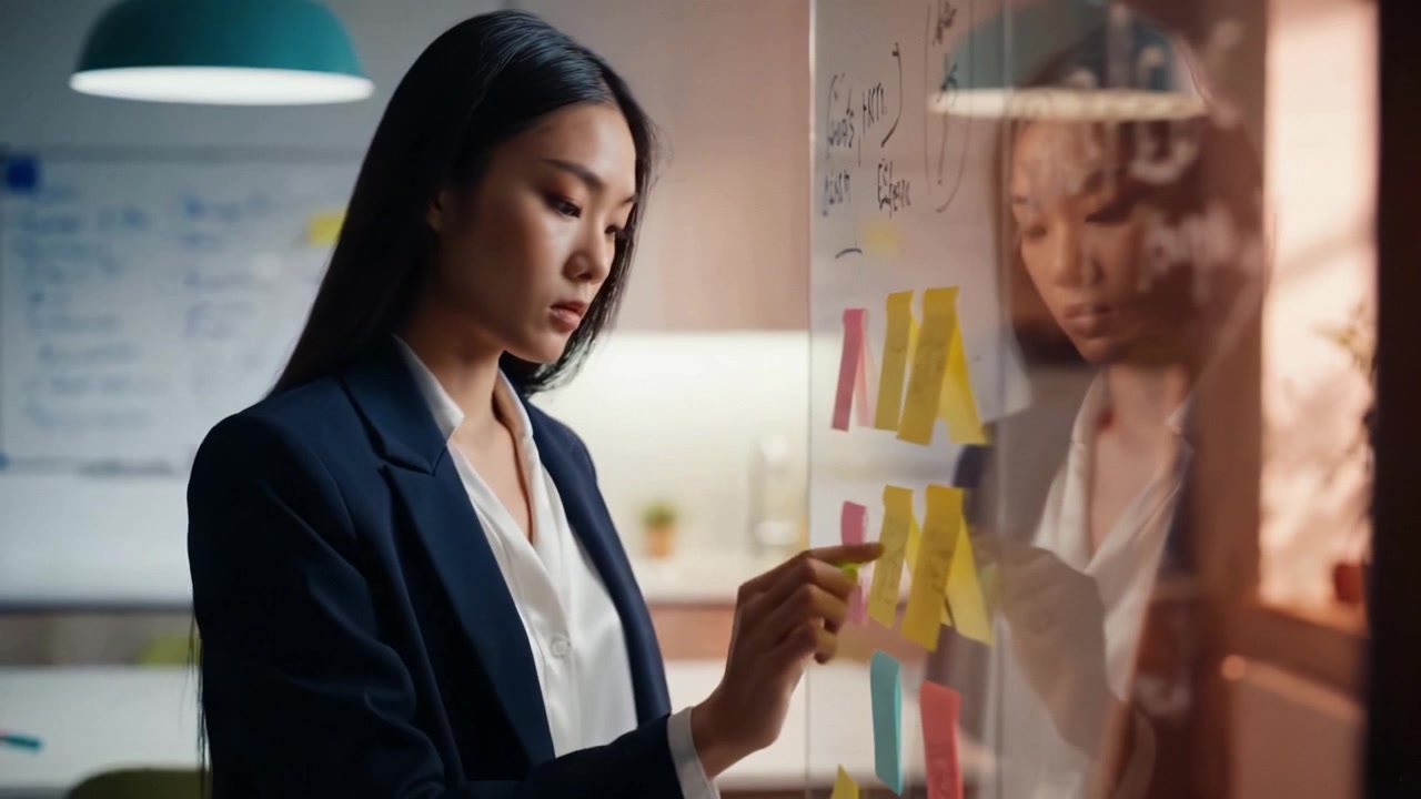 Focused Professional Woman Analyzing Notes on Glassboard in Modern Office Environment, Highlighting Strategic Insights and Planning for Future Collaboration