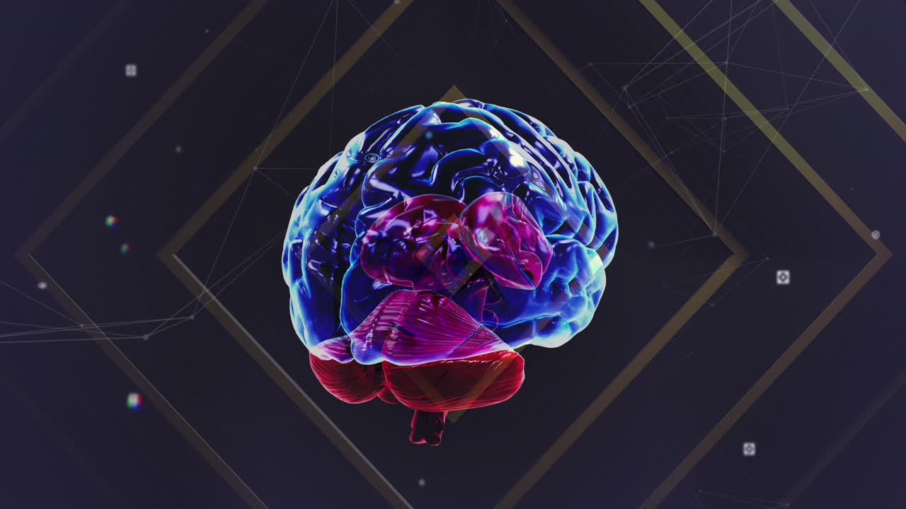 Red and blue brain rotating over processing data and gold lines on black background