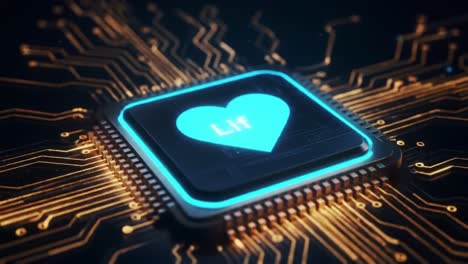 a striking close-up of a circuit board showcases a heart symbol illuminated by bright colors.