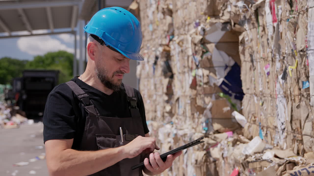 trabajador con casco camina y controla las balas de papel en la planta de reciclaje