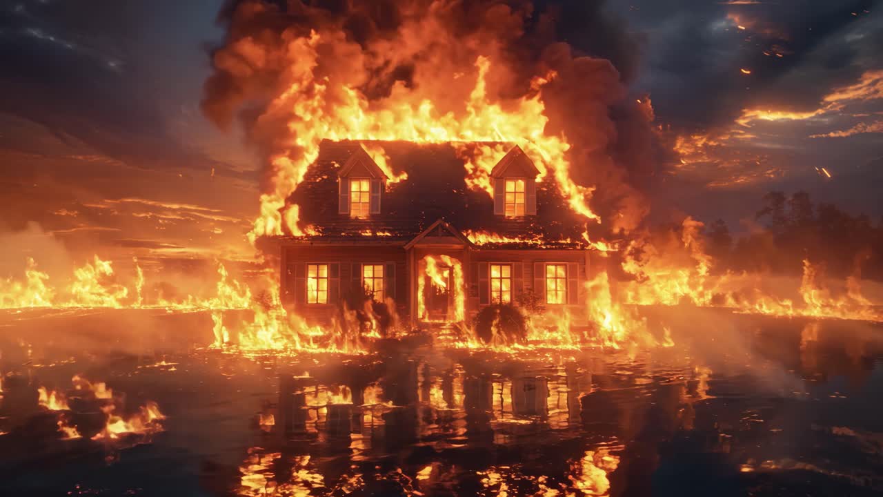 A house is on fire and the flames are reflecting in the water. Scene is intense and dramatic