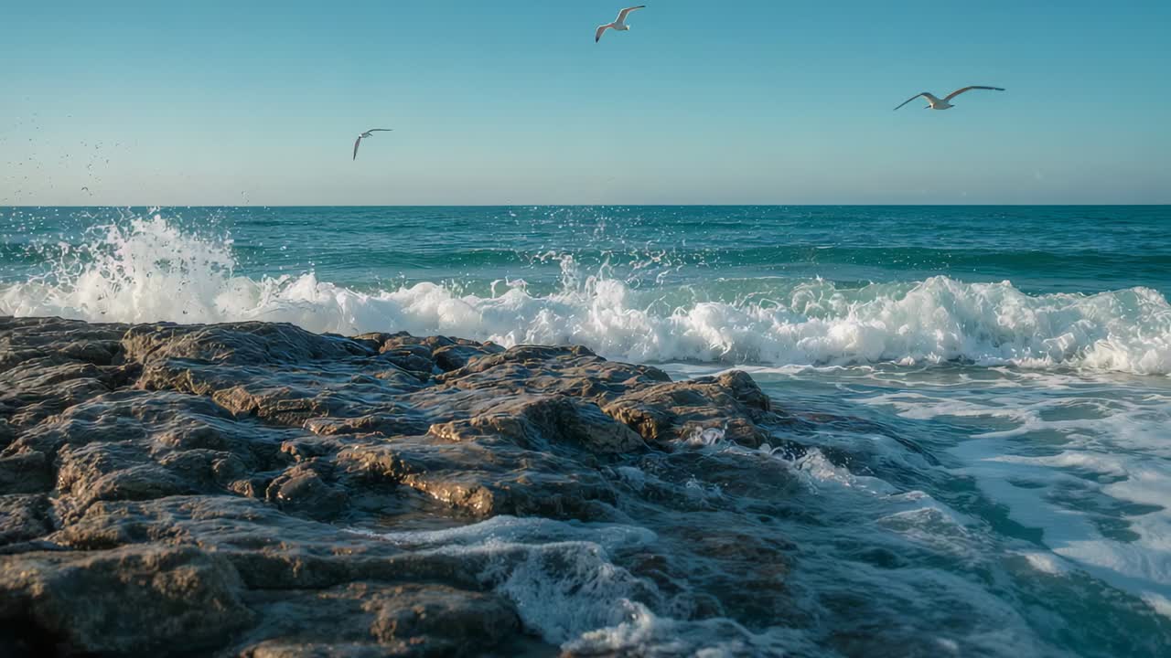 Onde in arrivo che si infrangono sulla costa rocciosa, riempiendo cavità e sollevando schiuma, gabbiani che planano