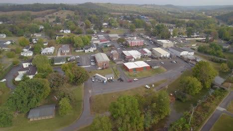 Aerial-orbit-over-a-small-American-town-Lynchburg,-Tennesee