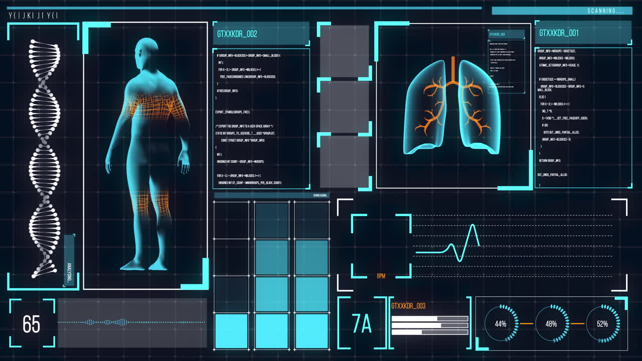 Animation of the human body analyzed on a screen, lungs and heart beat analyzed, medical information