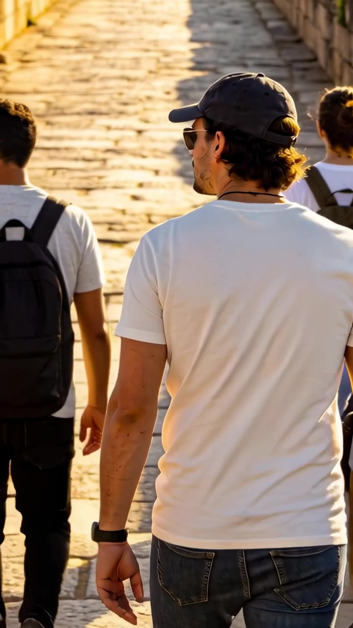 Video verticale: Uomo adulto che cammina guidando adolescenti con zaini neri su un sentiero di pietra, in visita.