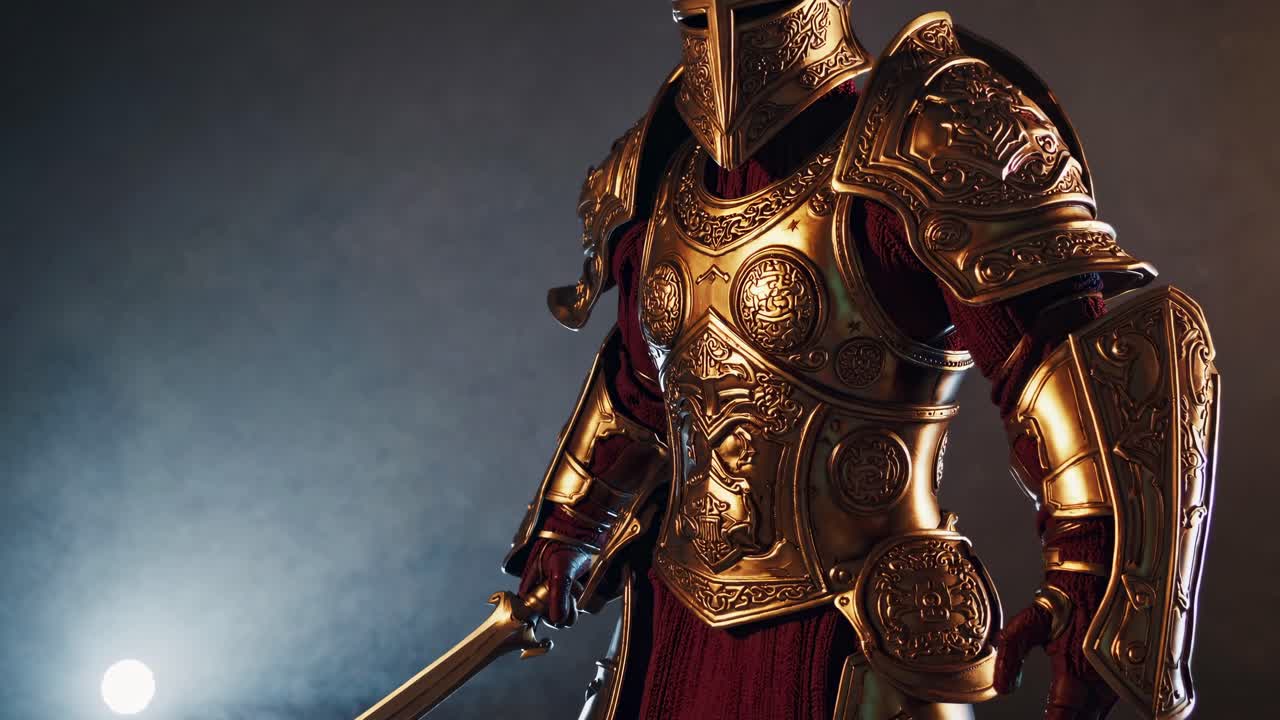 Epic medieval knight in ornate armor, captured from a low-angle, dramatic lighting