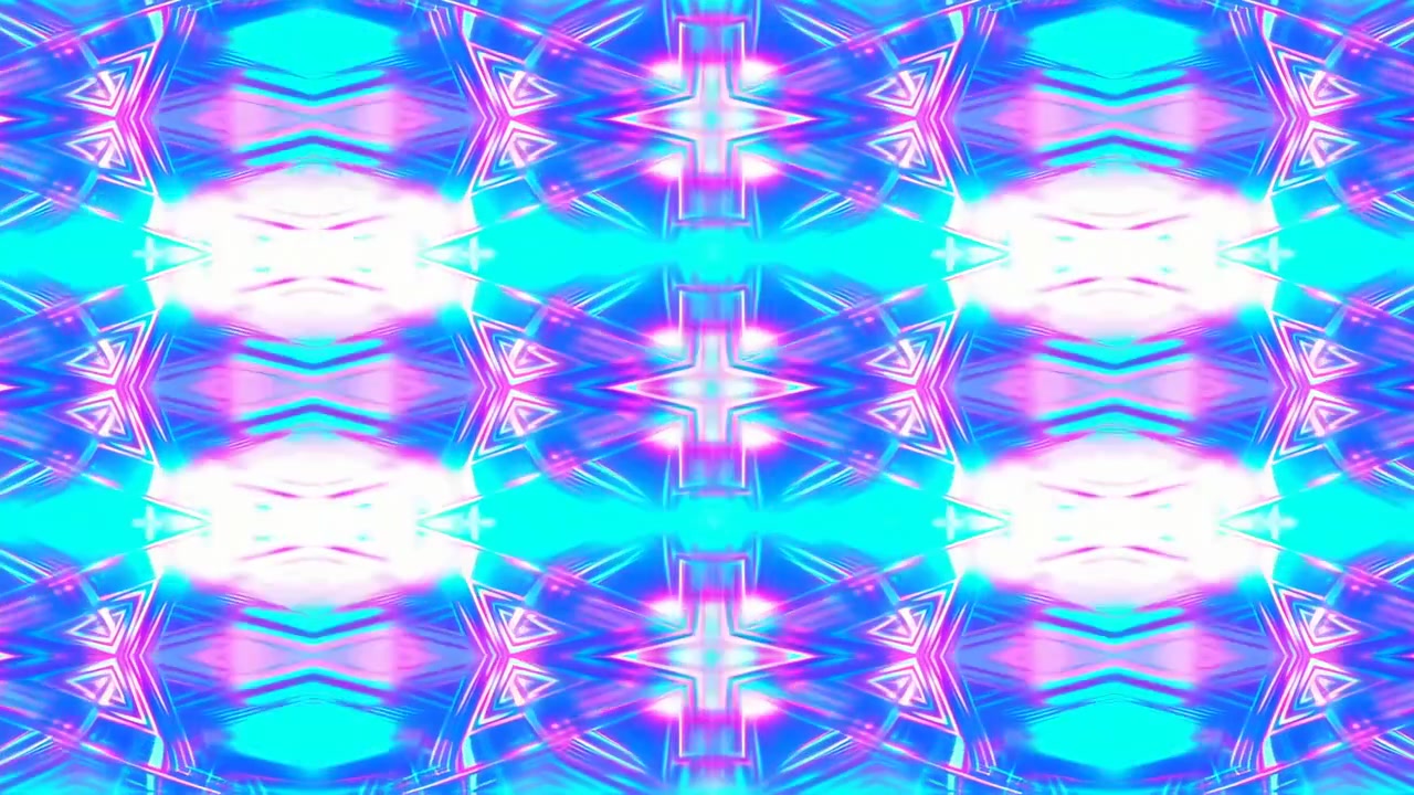 Symetrický kaleidoskopický vzor soustředěný na vertikální osu s opakujícími se azurovými ovály a purpurovými šipkami s bílými hvězdicovými odlesky. Zářící efekt.