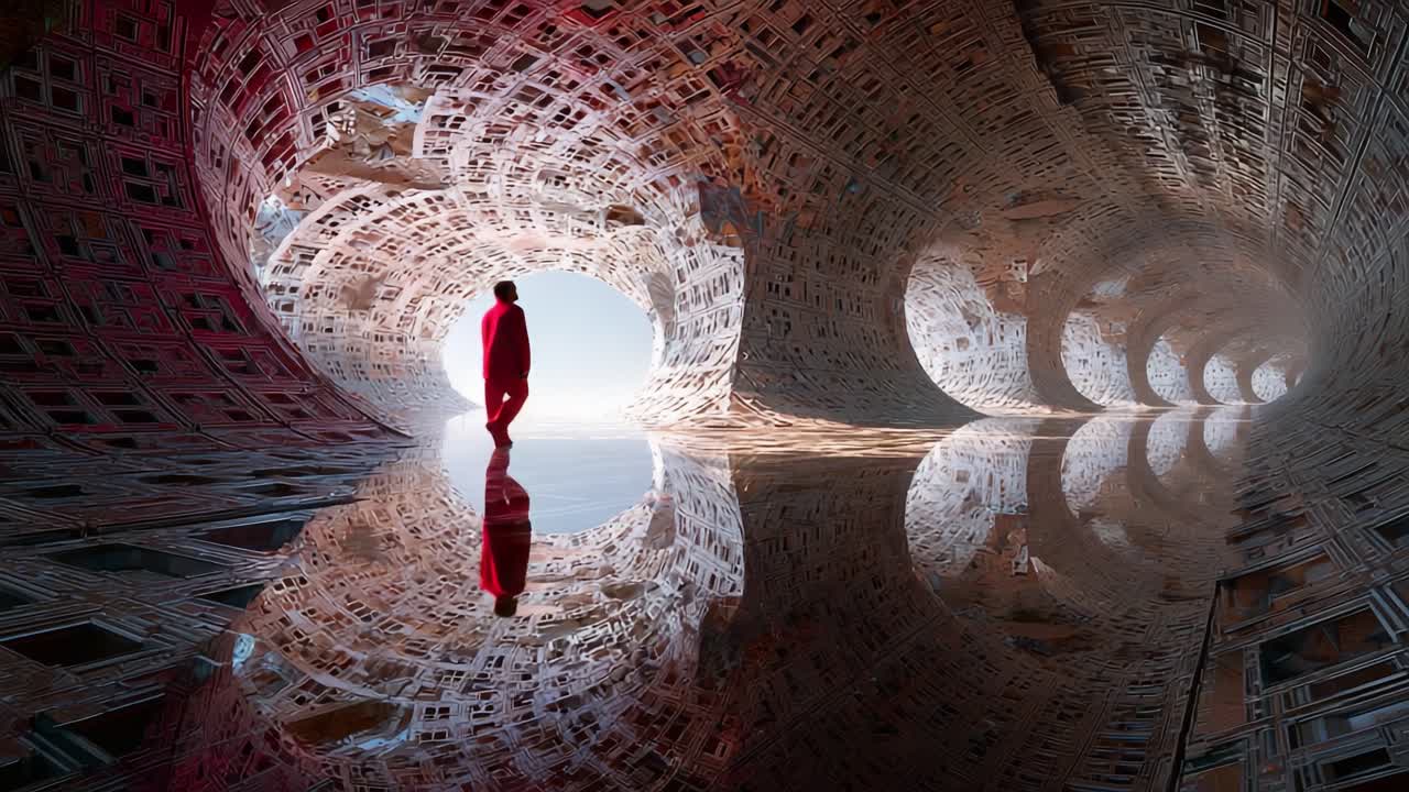 A solitary figure in a vibrant red suit traverses an enigmatic tunnel that reflects intricate patterns and surreal light, leading into a mesmerizing luminous portal that draws the eye through its captivating design