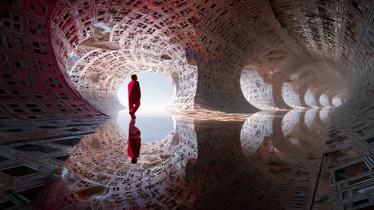 Una figura solitaria in un vivace abito rosso attraversa un tunnel enigmatico che riflette motivi intricati e luci surreali, conducendo a un portale luminoso ipnotico che cattura l'attenzione grazie al suo design accattivante