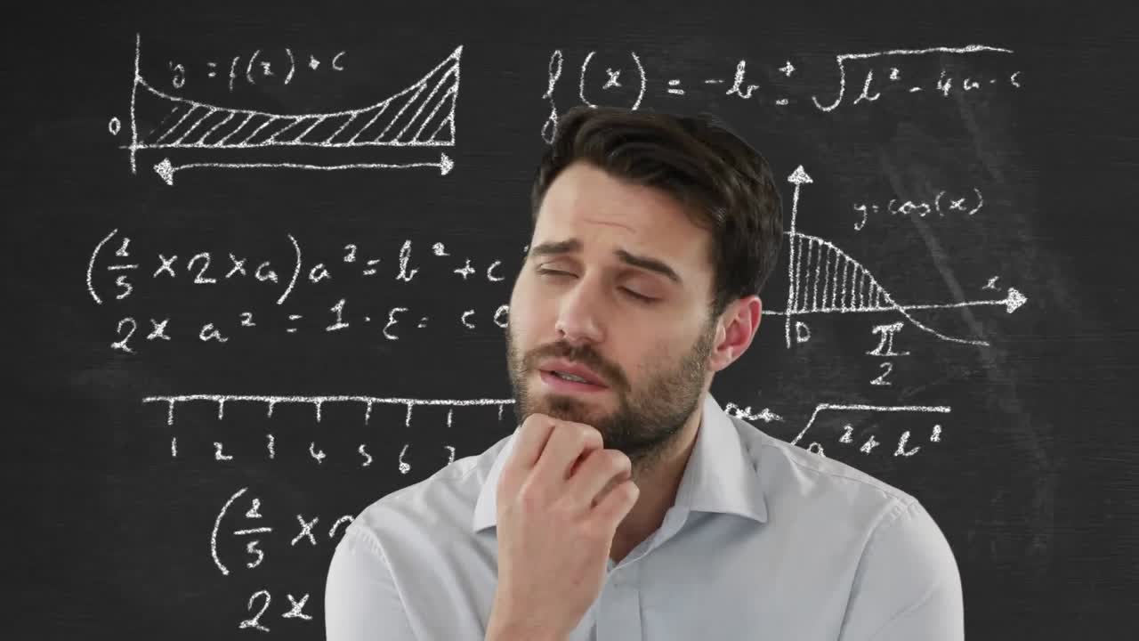hombre pensando en ecuaciones matemáticas.