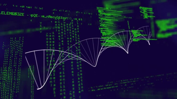 Animation of 3d dna strand spinning and scientific data processing on blue background