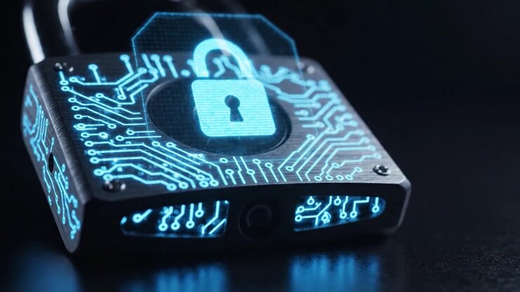 Una serratura intelligente moderna che passa dalla sicurezza tradizionale alla crittografia digitale, a simboleggiare l'evoluzione della sicurezza nell'era digitale.