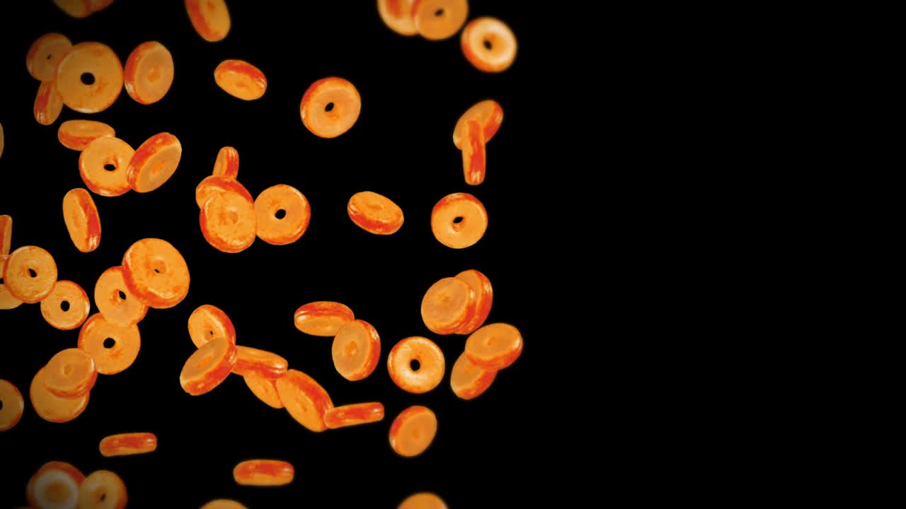 volando muchas rosquillas planas en fondo negro. pastel de rosquillas, dulces, postre. animación en 3d de la rotación de las rosquillas. animación de bucle.