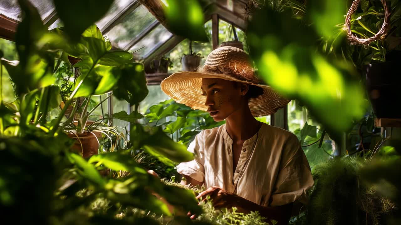 A Passionate Gardener Nurturing Her Green Sanctuary: Exploring the Serenity of Plant Care Amidst Lush Foliage in a Bright, Sunlit Greenhouse Environment