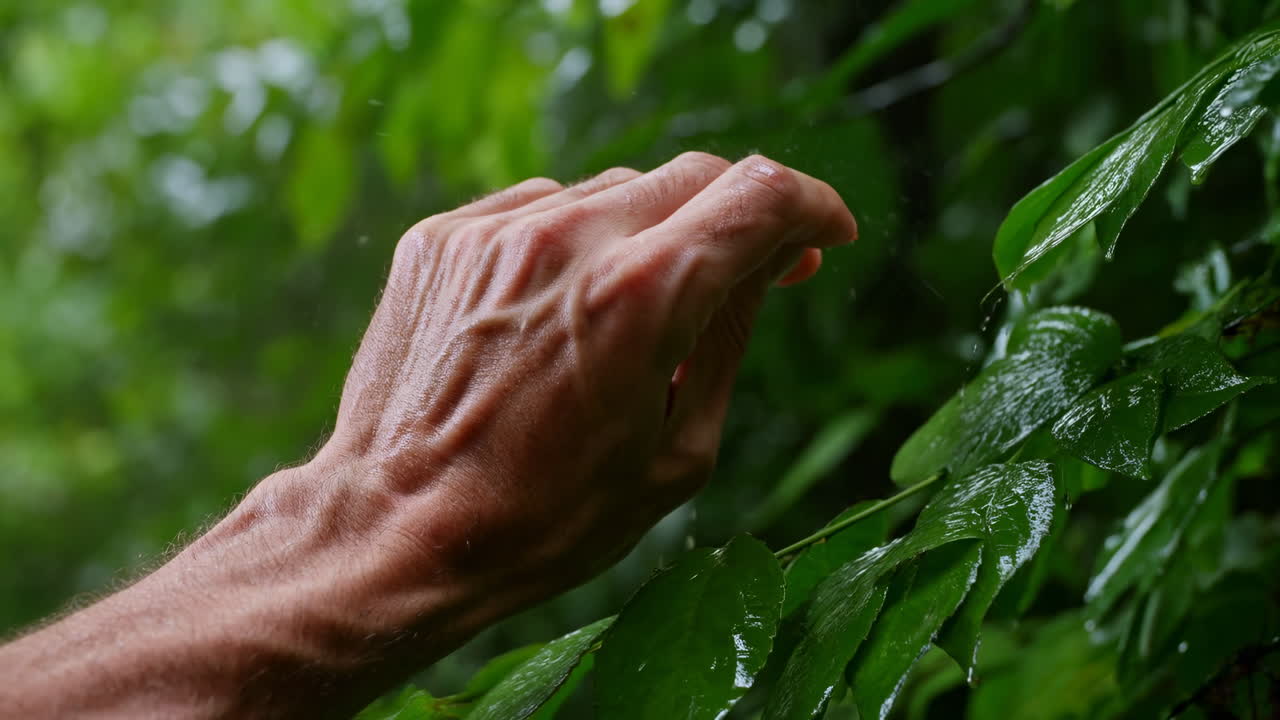 Close-up of Human Hand Touching Wet Green Leaves in Nature