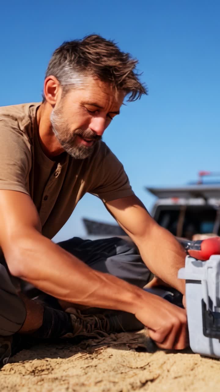 Focused Craftsman Working with Tools Outdoors on a Bright Sunny Day, Showcasing Skill and Precision in His Craft on a Sandy Surface Near a Vehicle