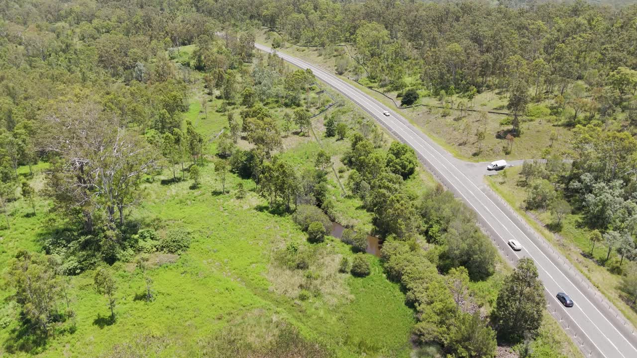 vehículos viajan a través de la vegetación exuberante en una carretera