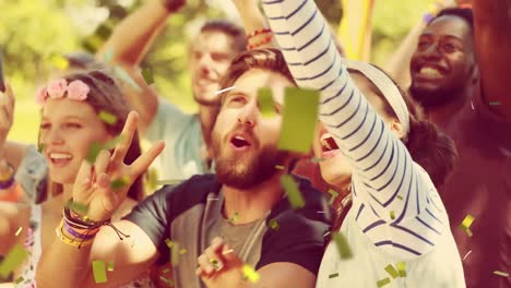 animation of confetti falling over people dancing and cheering during music concert