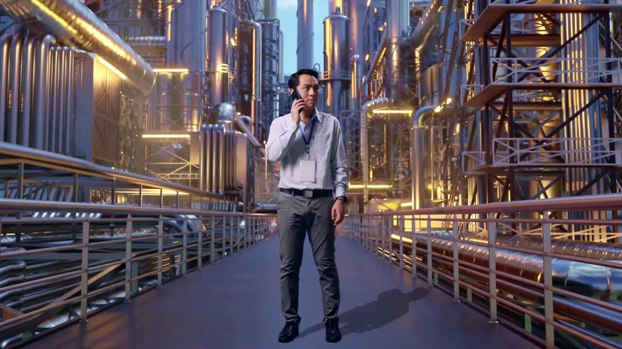 Full Body Of An Asian Male Professional Worker Standing At A Vast Oil Refinery, He Is Speaking With Someone In The Phone