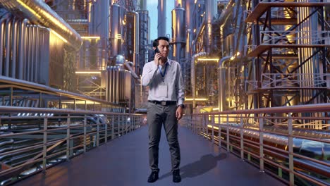 full body of an asian male professional worker standing at a vast oil refinery, he is speaking with someone in the phone