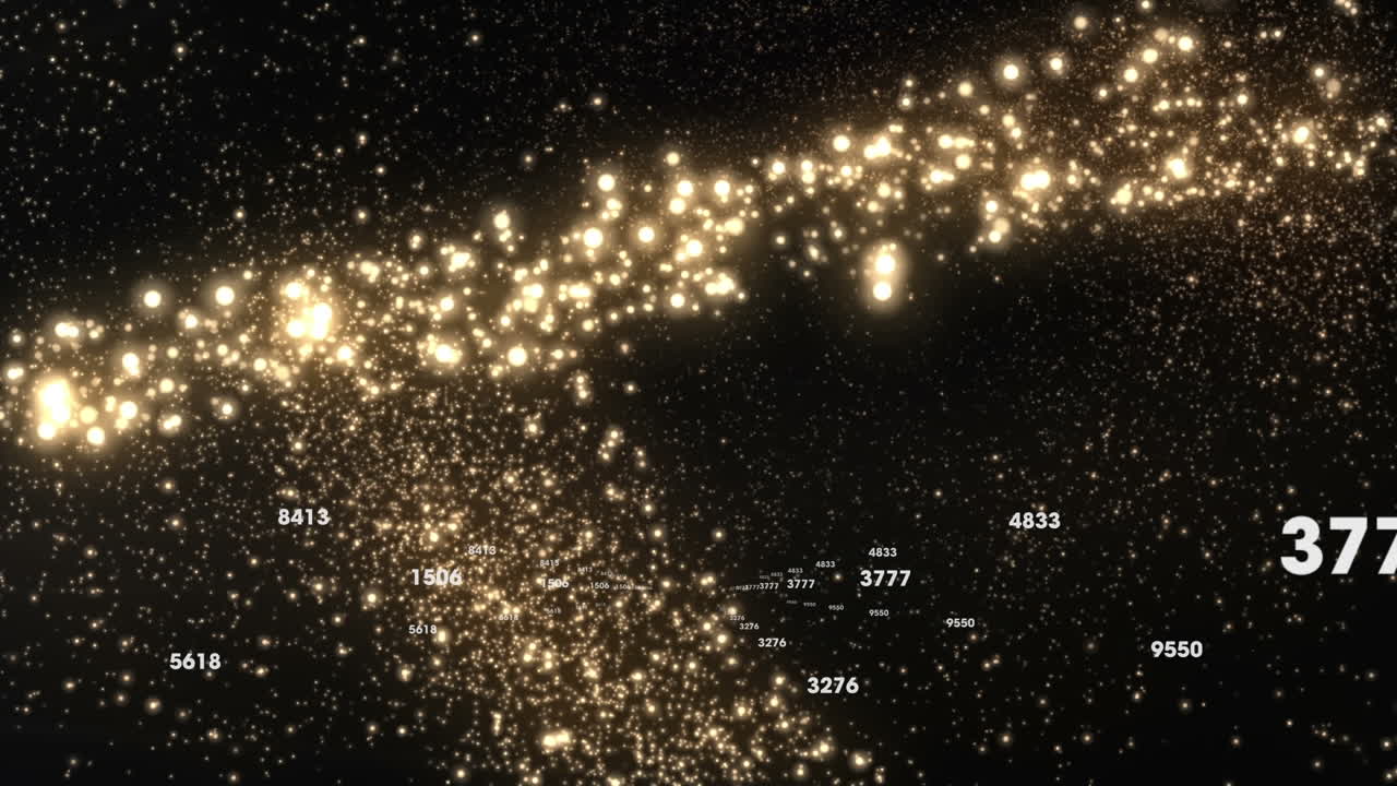 여러 번 변하는 숫자와 검은색 배경에 황금색의 떨어지는 별의 애니메이션