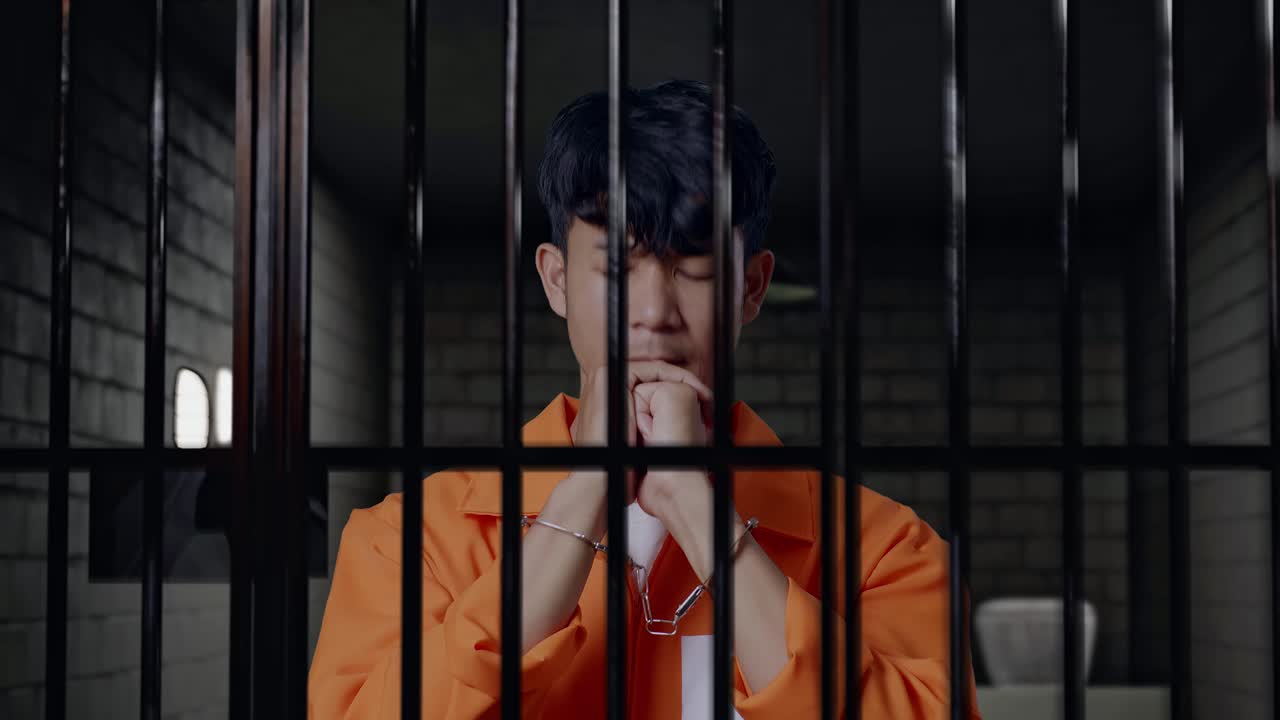 손을 은 아시아 남성 죄수가 감옥에 서서 무언가를 위해 기도합니다.