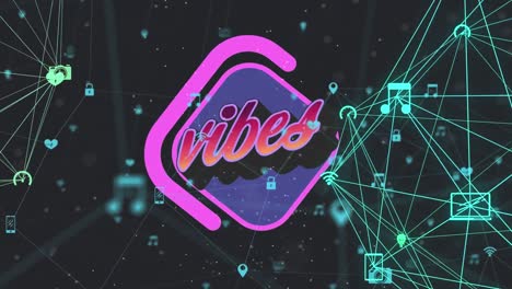 Animation-Von-Vibes-Text-über-Violetter-Rautenform-Mit-Netzwerken-Von-Verbindungen