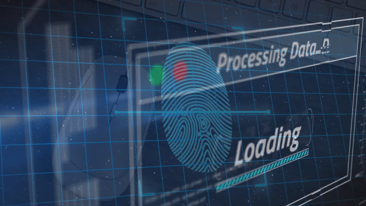 Animation of data processing on screen over biometric fingerprint