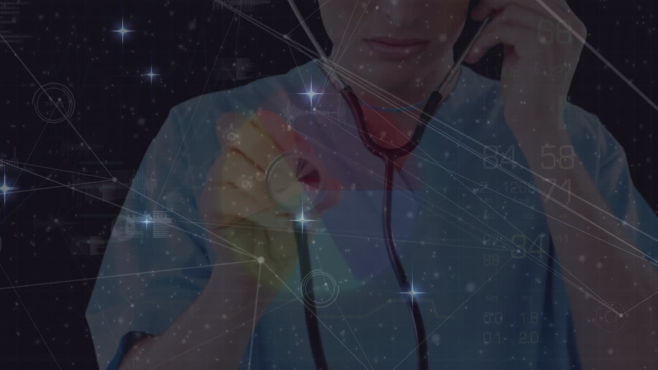 스테토스코프를 가진 백인 남성 의사에 대한 연결 네트워크의 애니메이션