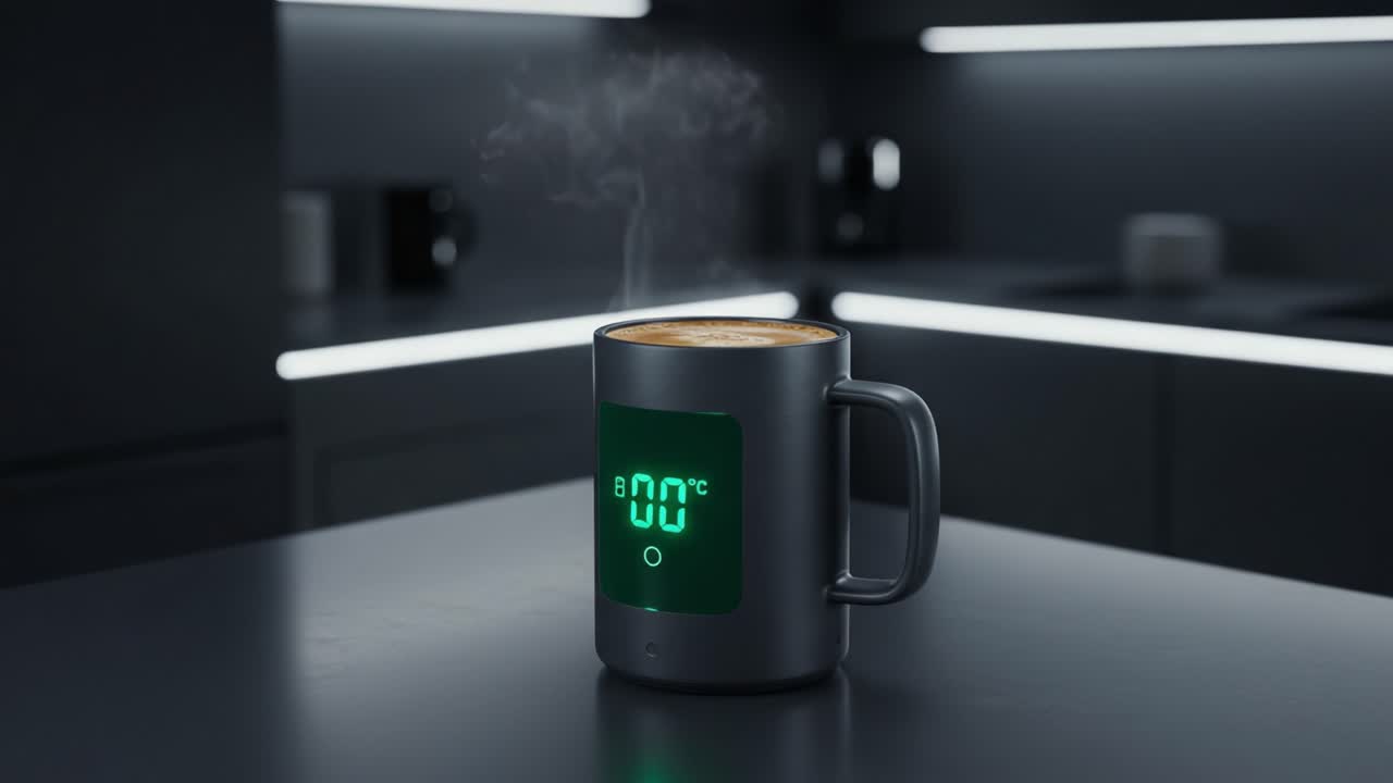 Modern Smart Mug with Temperature Display: A Close-Up View of Hot Beverage in a Sleek Kitchen Environment Showing Steam Rising under Ambient Lighting