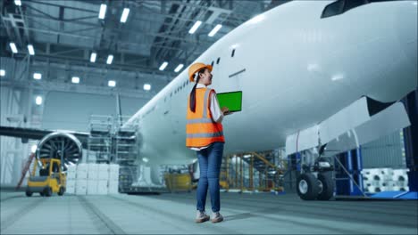 vista trasera completa del cuerpo de una ingeniera asiática con casco de seguridad de pie con un avión en el hangar. mirando una computadora portátil de pantalla verde y mirando a su alrededor mientras el mantenimiento del avión