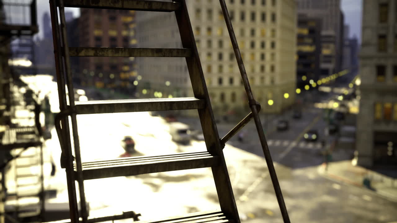 Urban view from a fire escape ladder during bright daylight hours