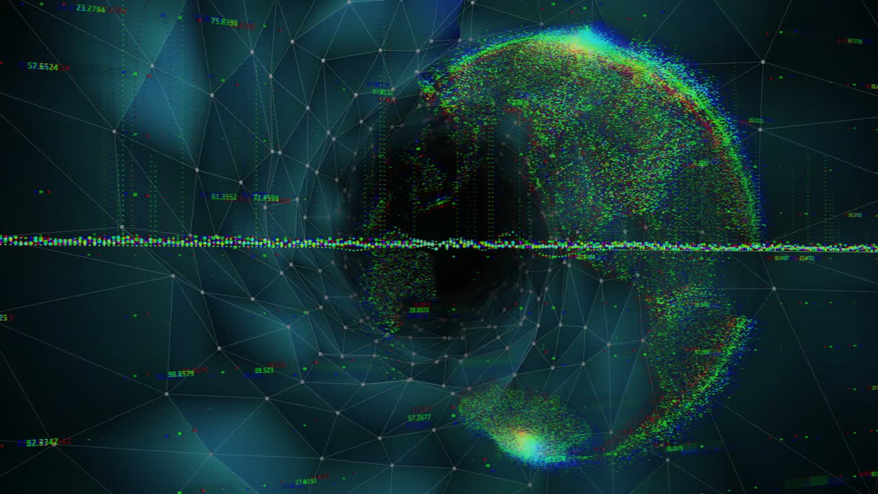 Animation of digital globe showing data points and network connections on background