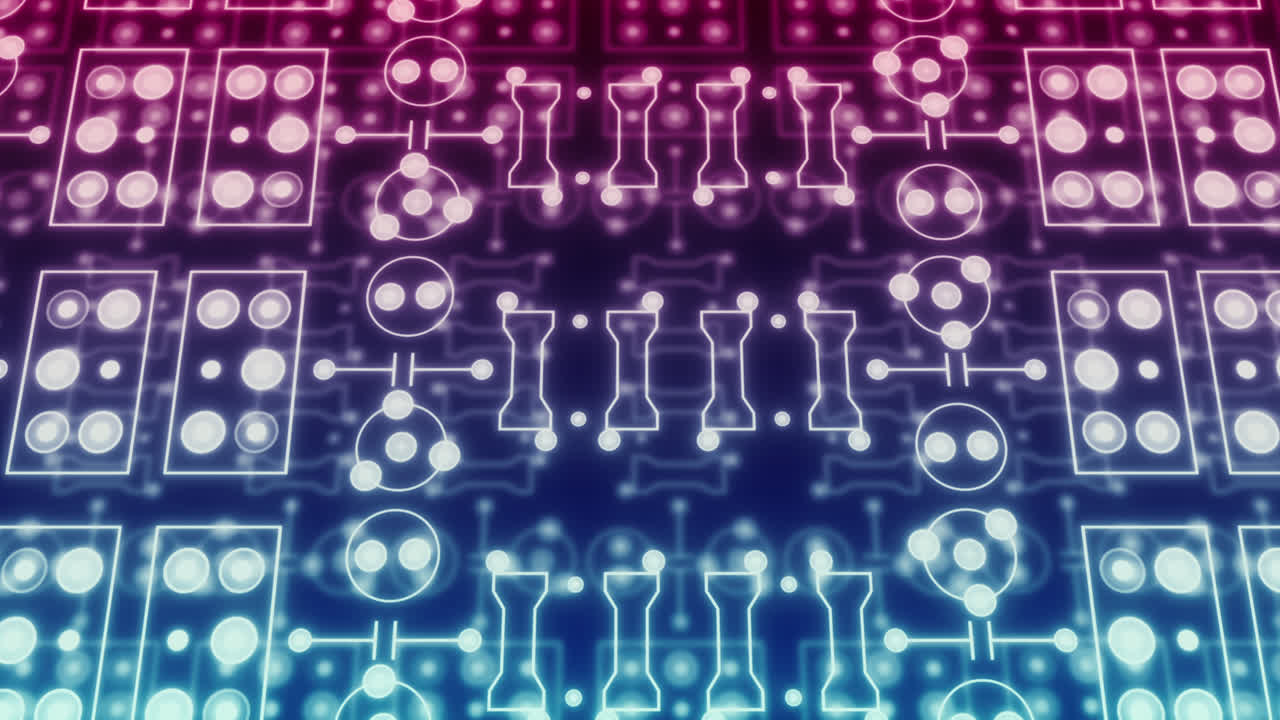 animación de un circuito integrado de neón sobre un fondo púrpura y azul