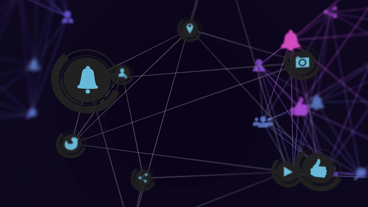 Rete che emerge su uno sfondo viola, con un pin pulsante e icone che appaiono in panoramica convergendo verso un gruppo di utenti.