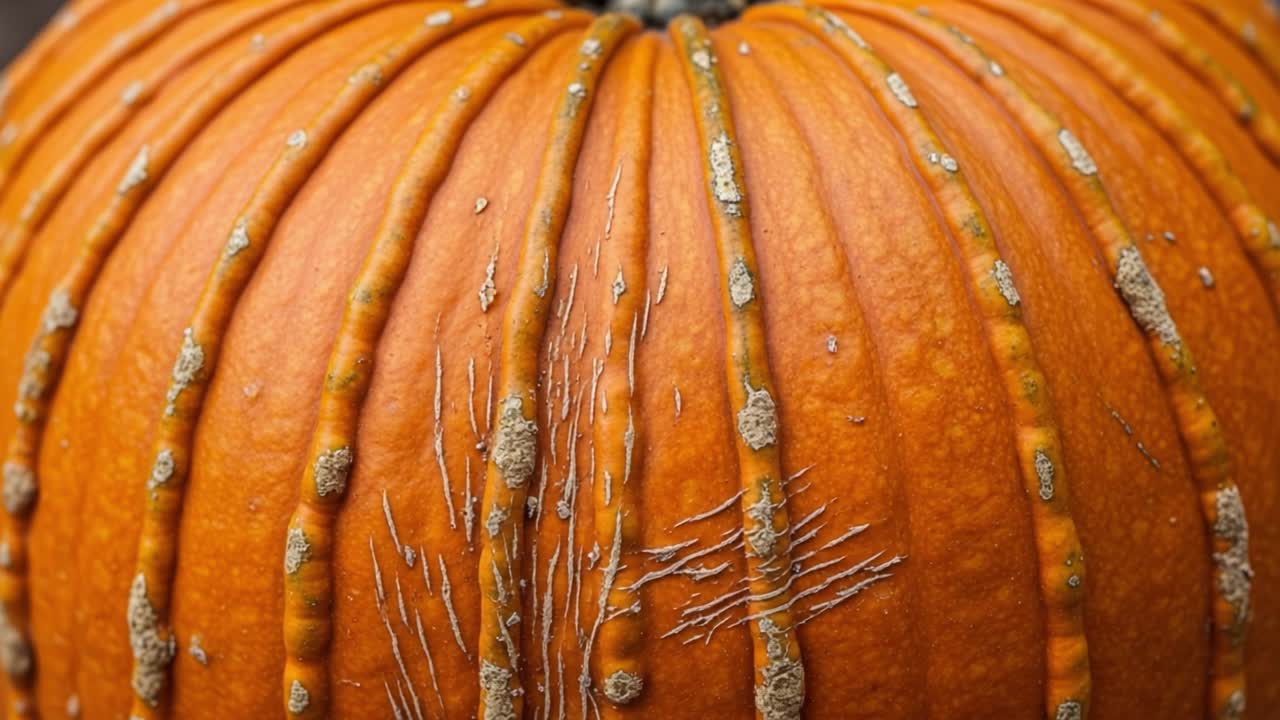 Close-up of a textured pumpkin showcasing deep grooves, natural blemishes, and vivid orange coloration, highlighting the beauty of seasonal harvest and autumn aesthetics