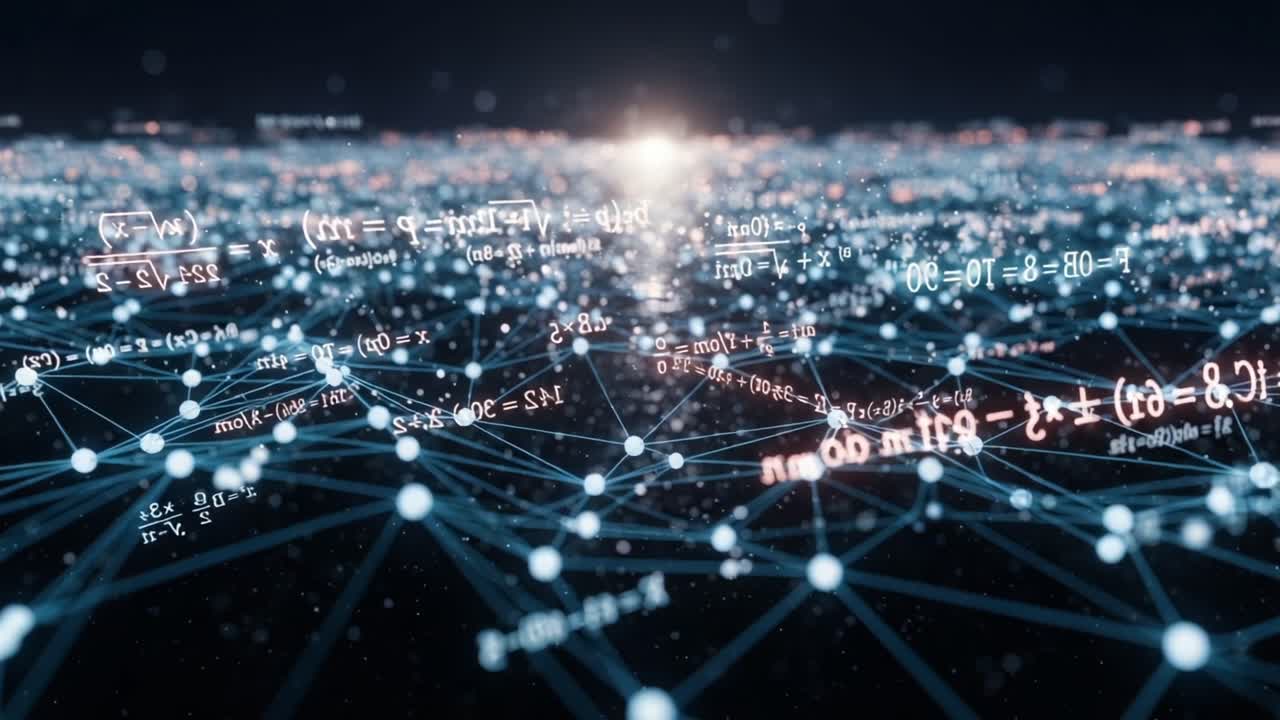 Visual Representation of a Digital Universe: A Network of Mathematical Formulas and Connections Illuminated by a Distant Light Source Symbolizing Knowledge and Technology