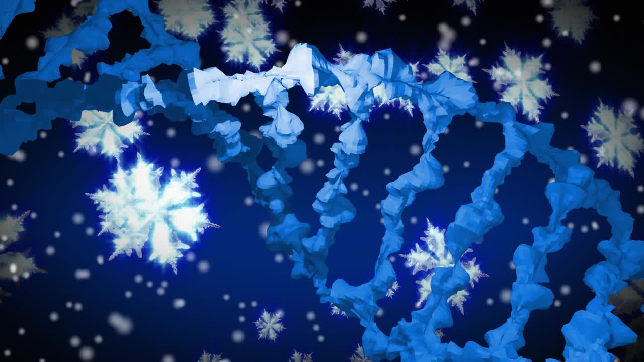Blue helix entering top-left, rotating rightward while snowflakes falling, creating winter mood