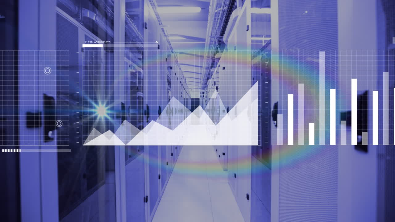 Animation of interface with statistical data processing and rainbow lens flare against server room
