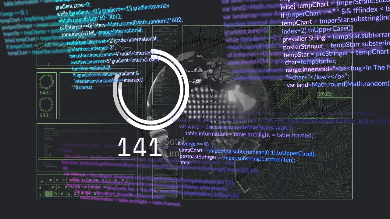 animacja przetwarzania danych i globusa na czarnym tle