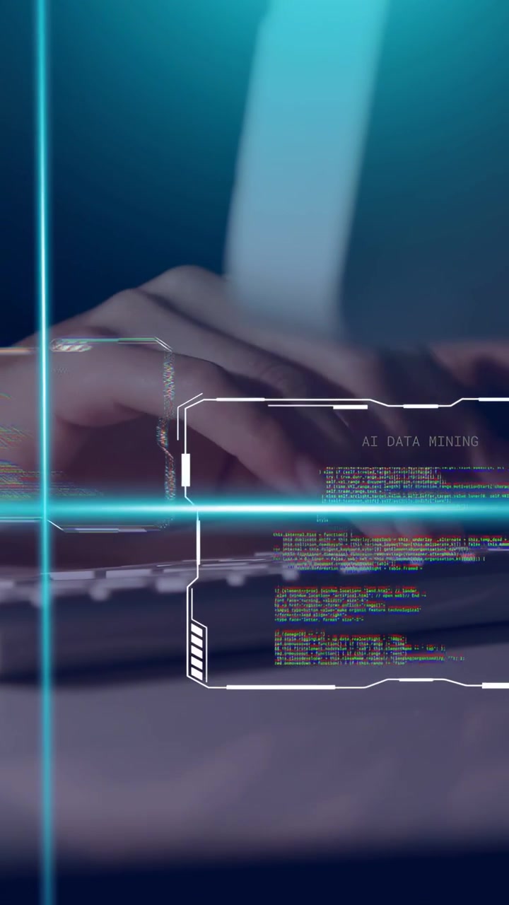 Vertical video: Female engineer entering frame and typing keys, HUD updating AI DATA MINING code