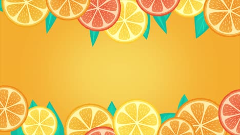 animación de rebanadas de naranja. cítricos, pomelo, limón en bucle marco animado para el fondo, pancarta, presentación, embalaje, café. frutas frescas, diseño de verano en colores amarillo brillante y naranje.